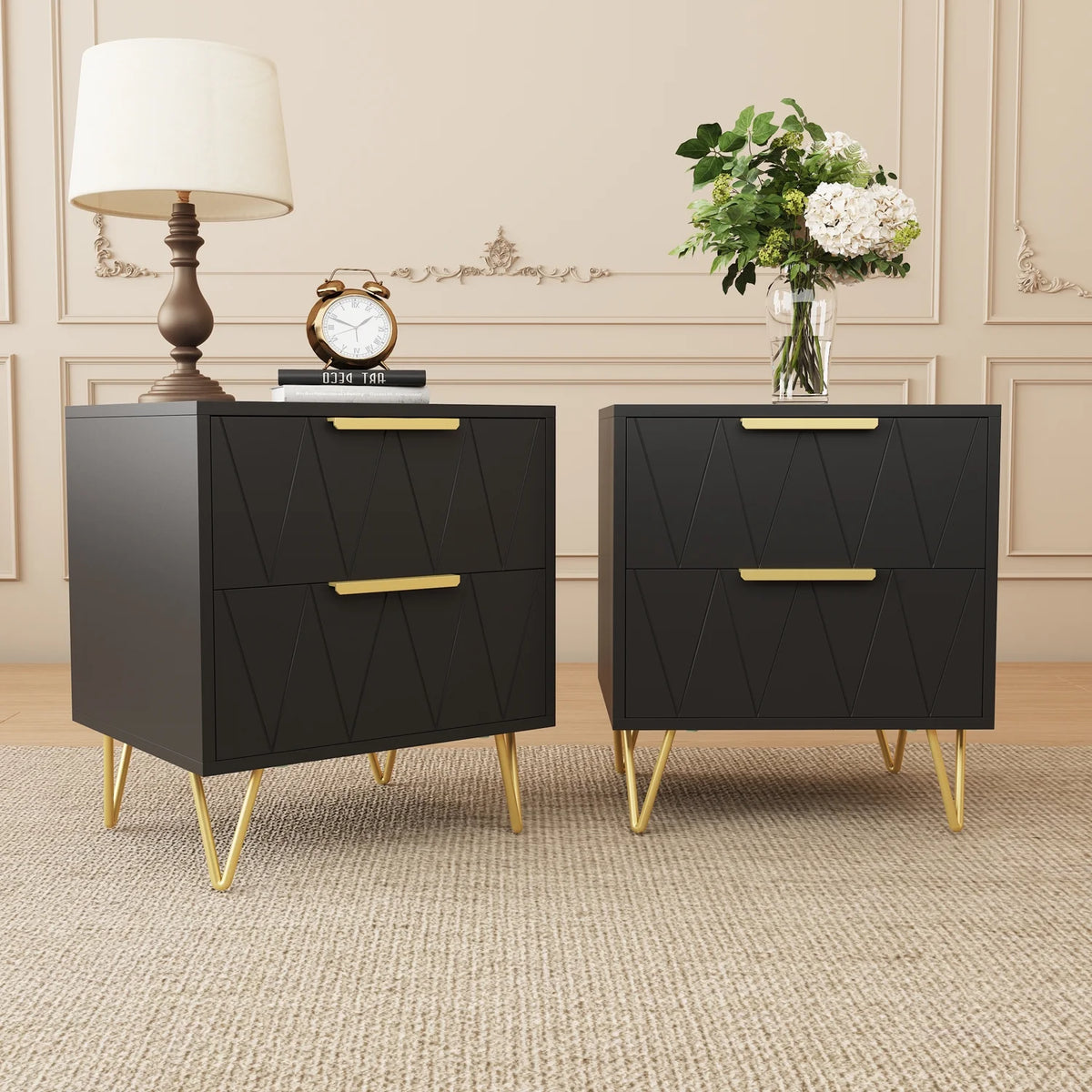 Black 2 Drawer Nightstand Bedside Table with Storage G519