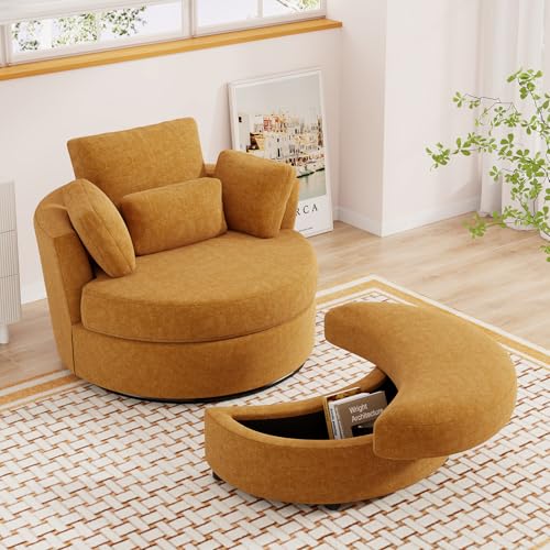 Oversized Orange Chenille Swivel Accent Chair with Storage Ottoman F905