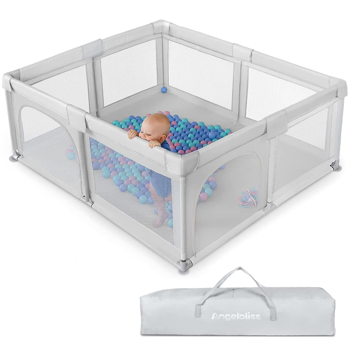 Grey 63”x47” Baby Playpen with Breathable Mesh Y4947