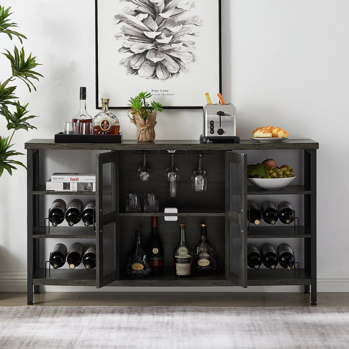 Dark Gray Wood Wine Cabinet with Storage E902737