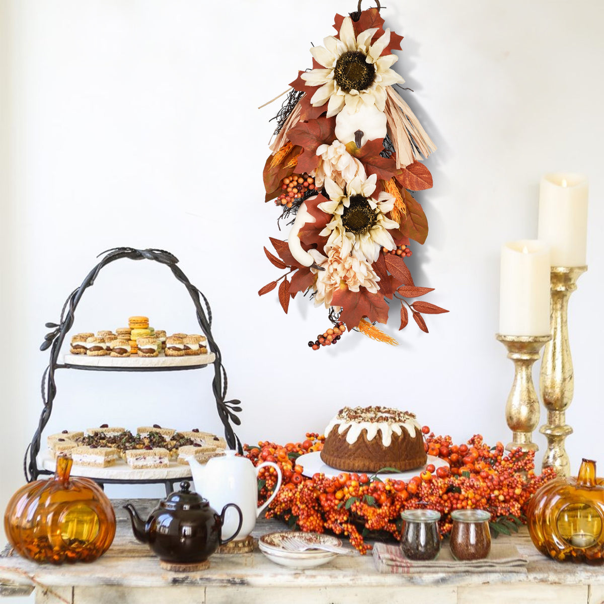 20 Inch Artificial Hanging Vine with Pumpkin Pine Cone Silk Flowers Fall Decor N772035