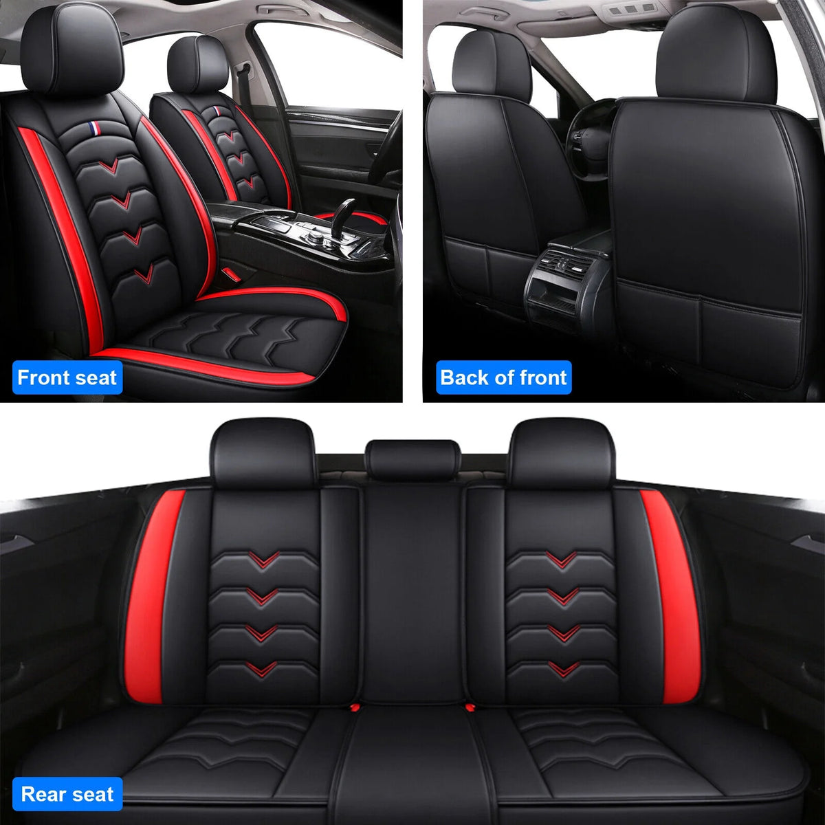 Black & Red Waterproof Leather Car Seat Covers Full Set C2498