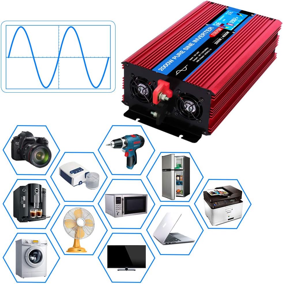 2000 Watt Pure Sine Wave Power Inverter 24V to 110V 120V with LCD Display, Wireless Remote Control, 4 AC Sockets, 2.1A USB Port, Dual Fans D4741
