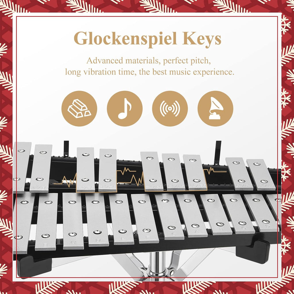 32 Note Glockenspiel Xylophone Bell Kit with 8 Inch Drum Practice Pad, Stand, Carrying Bag H5753