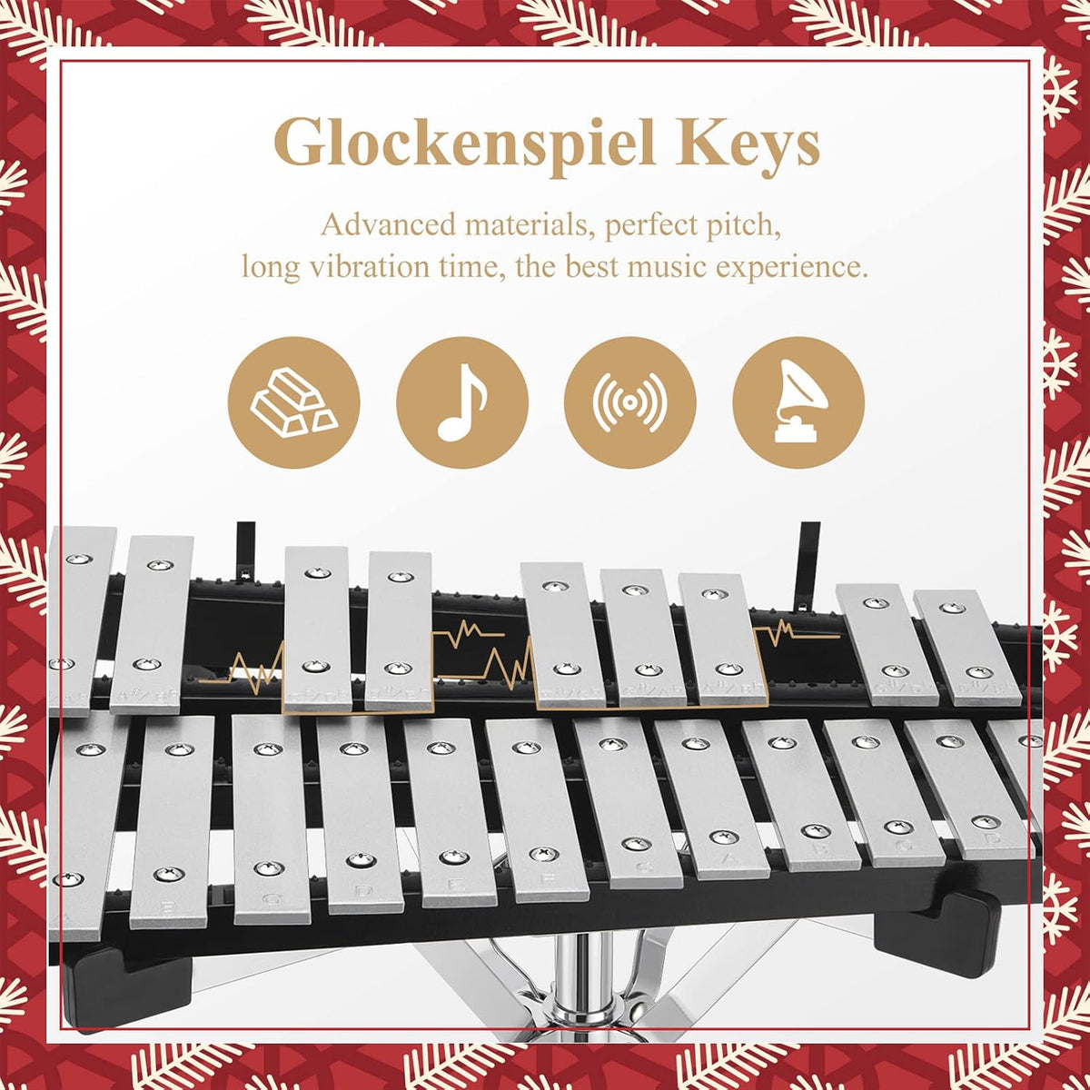 32 Note Glockenspiel Xylophone Bell Kit with 8 Inch Drum Practice Pad, Stand, Carrying Bag H5753