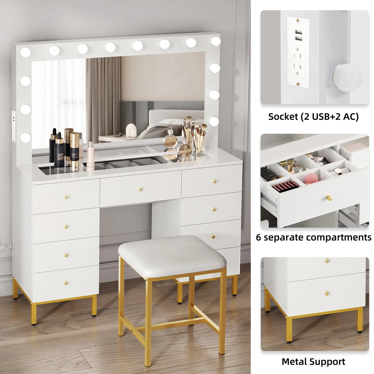 Gold and White Vanity Table with 9 Drawers F5452