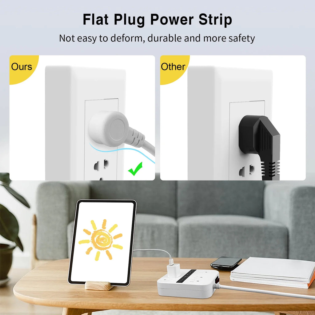 6 Outlets 4 USB Ports Surge Protector Power Strip with 6.6ft White Flat Extension Cord R5008