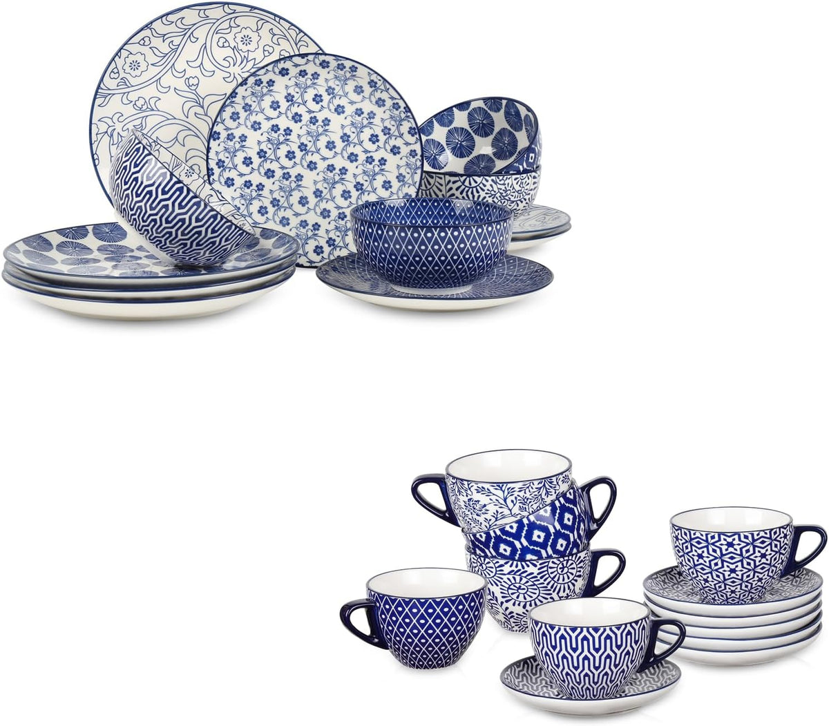 12 Piece Ceramic Dinnerware Set with 8 OZ Cappuccino Cup and Saucers, Vintage Blue H226530