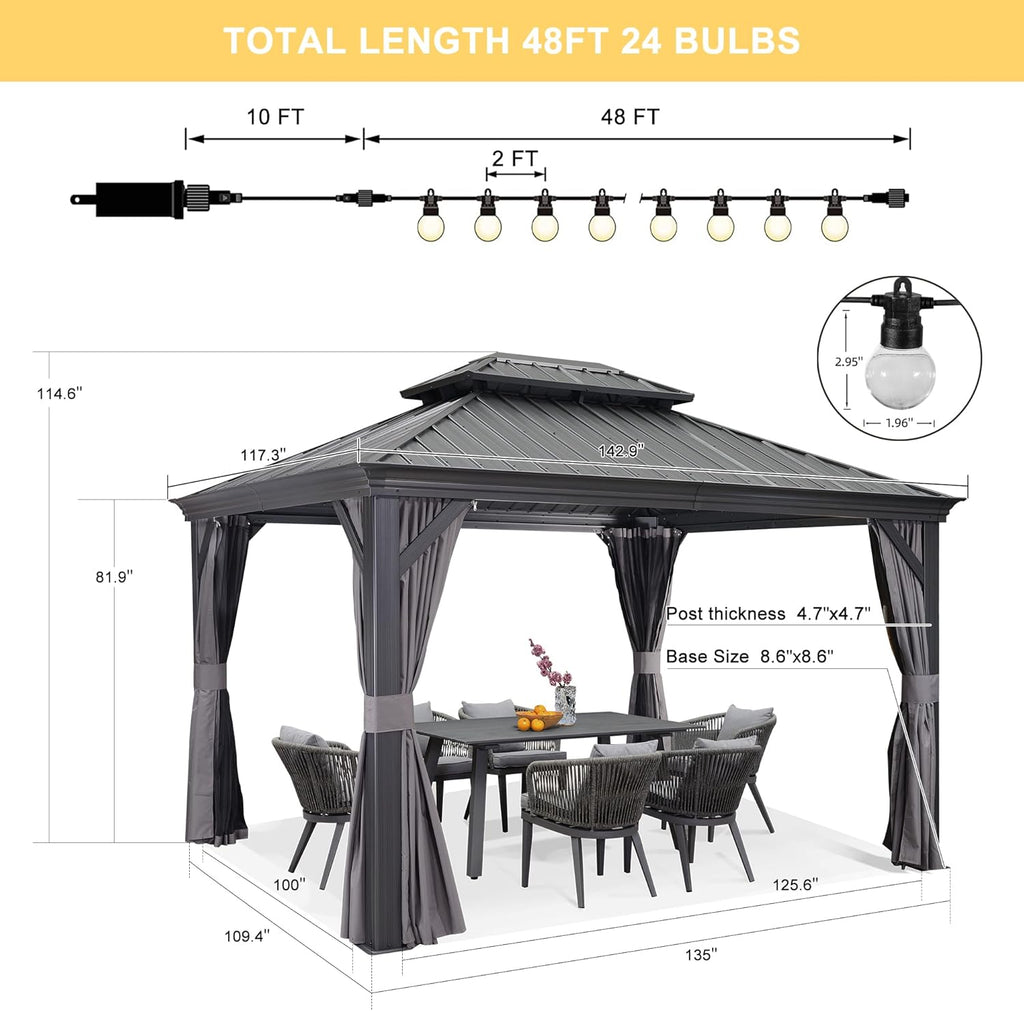 Grey 10' x 12' Hardtop Galvanized Steel Double Roof Gazebo I203406