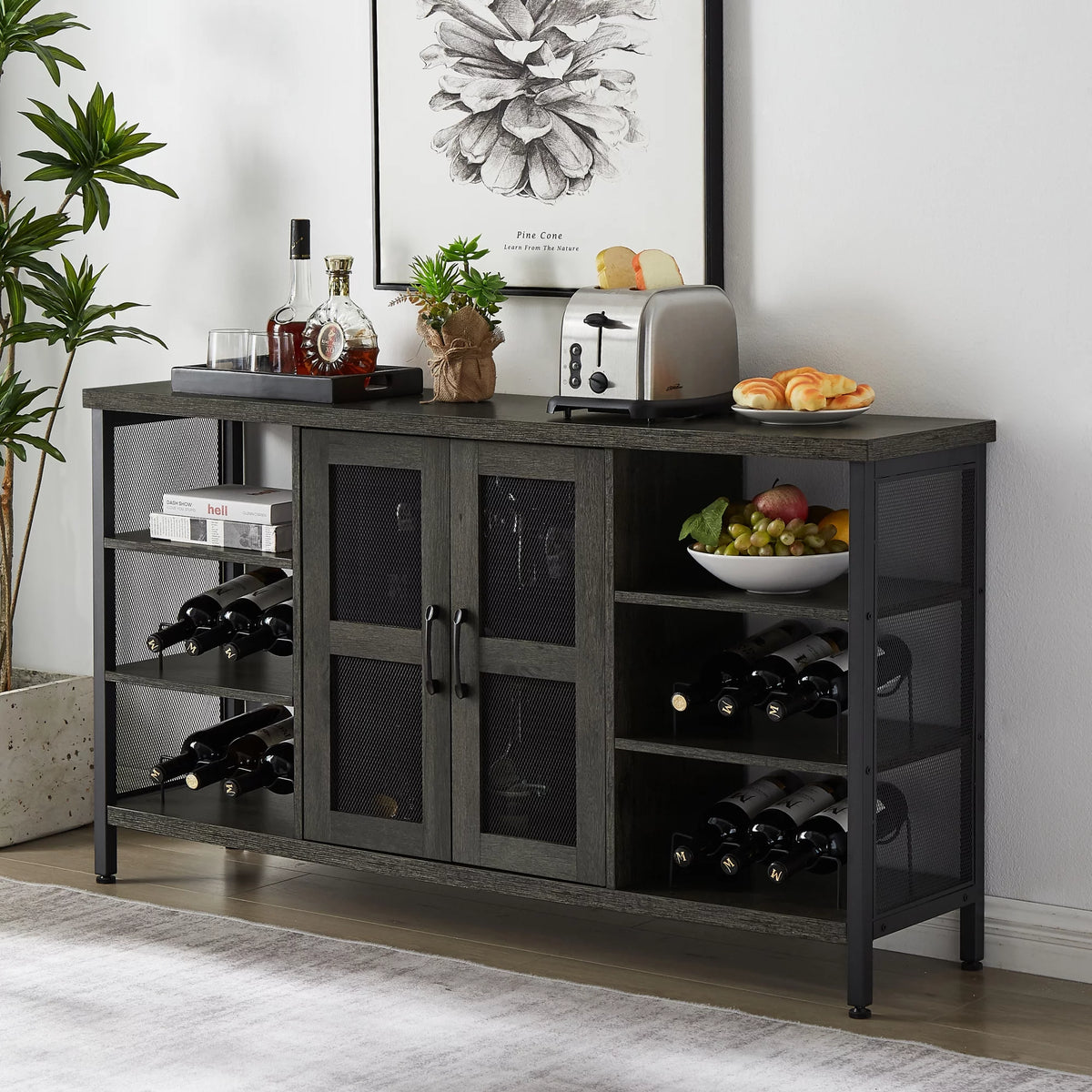 Dark Gray Wood Wine Cabinet with Storage E902737
