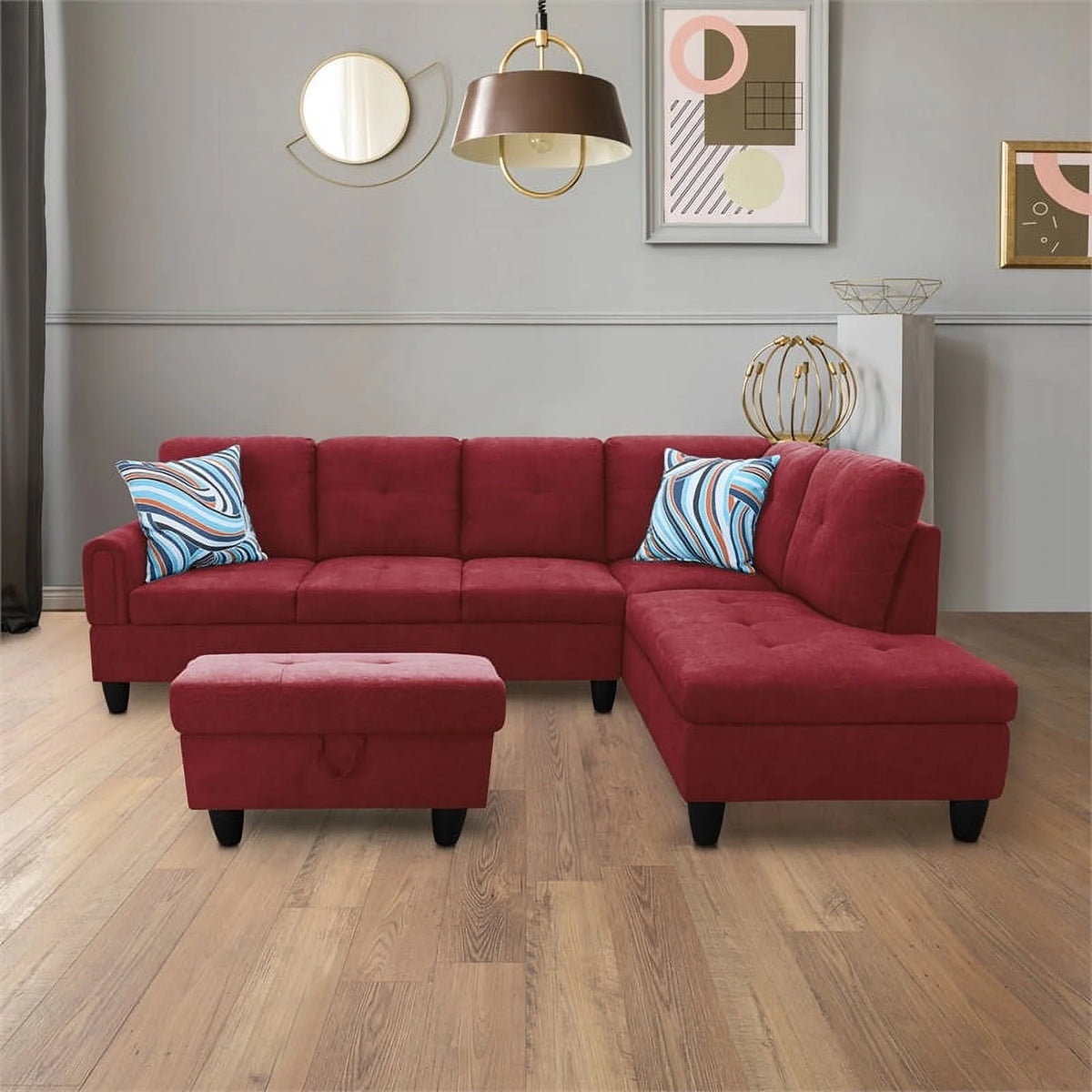 Red 3PC Flannelette Sectional Sofa with Ottoman V9985