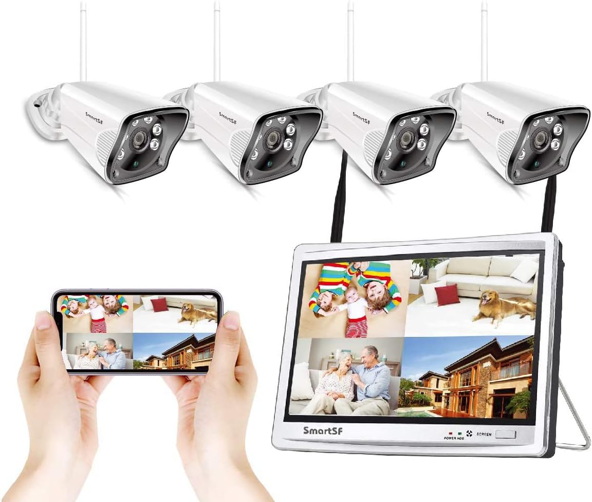 Wireless Security Camera System with 12 LCD Monitor, 2MP Outdoor, Night Vision, IP66 Q81513