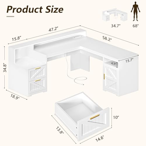 63" L Shaped Executive Desk with Drawers & Storage Shelf, Antique White H8041