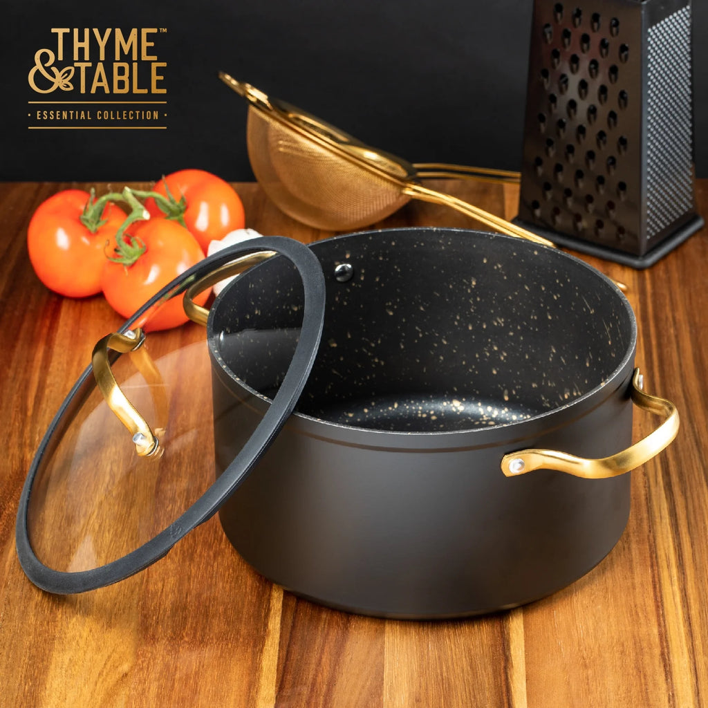 Non-Stick 5 QT Stock Pot with Glass Lid, Black & Gold J814222