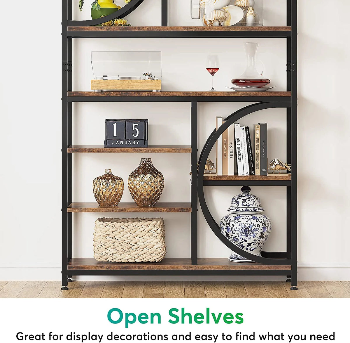 Industrial 8-Tier Wood Look Bookshelf with Metal Frame O80801