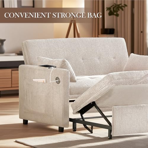 Beige Corduroy 2 Seater Convertible Sleeper Sofa T2728