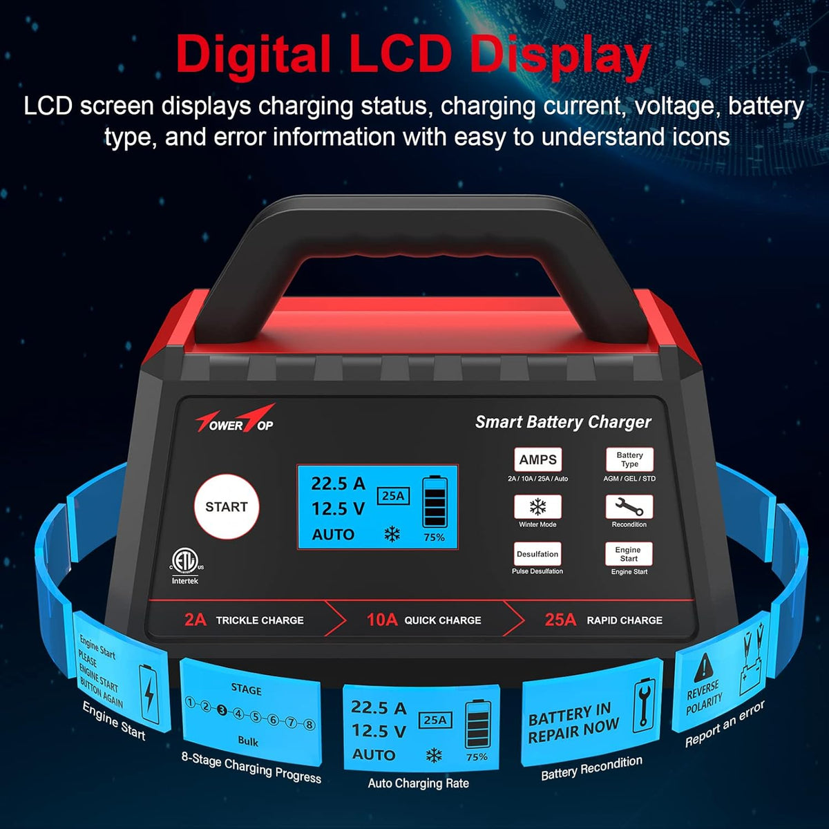 2/10/25Amp 12V Smart Battery Charger with Engine Start X9214