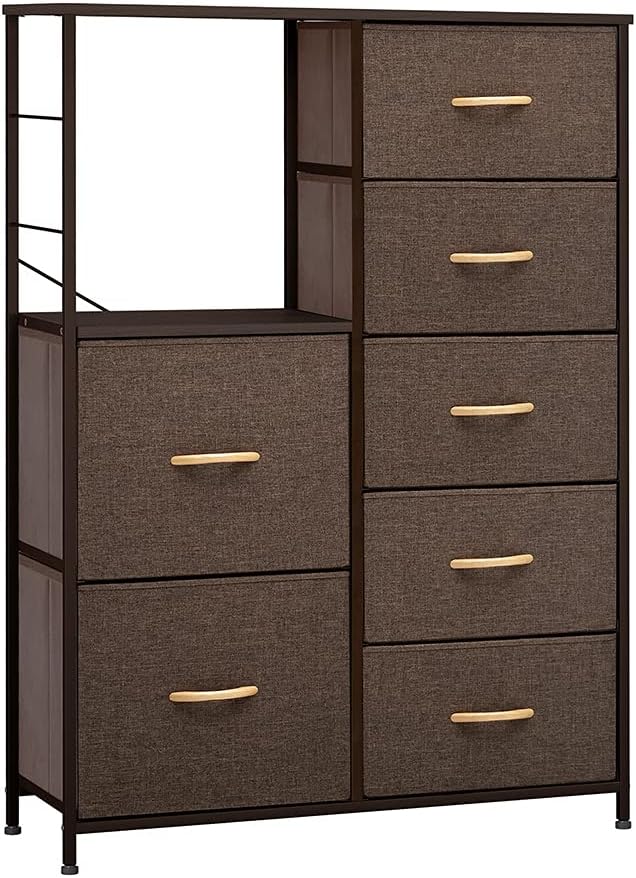 Brown 7 Drawer Fabric Dresser with Shelves Z827