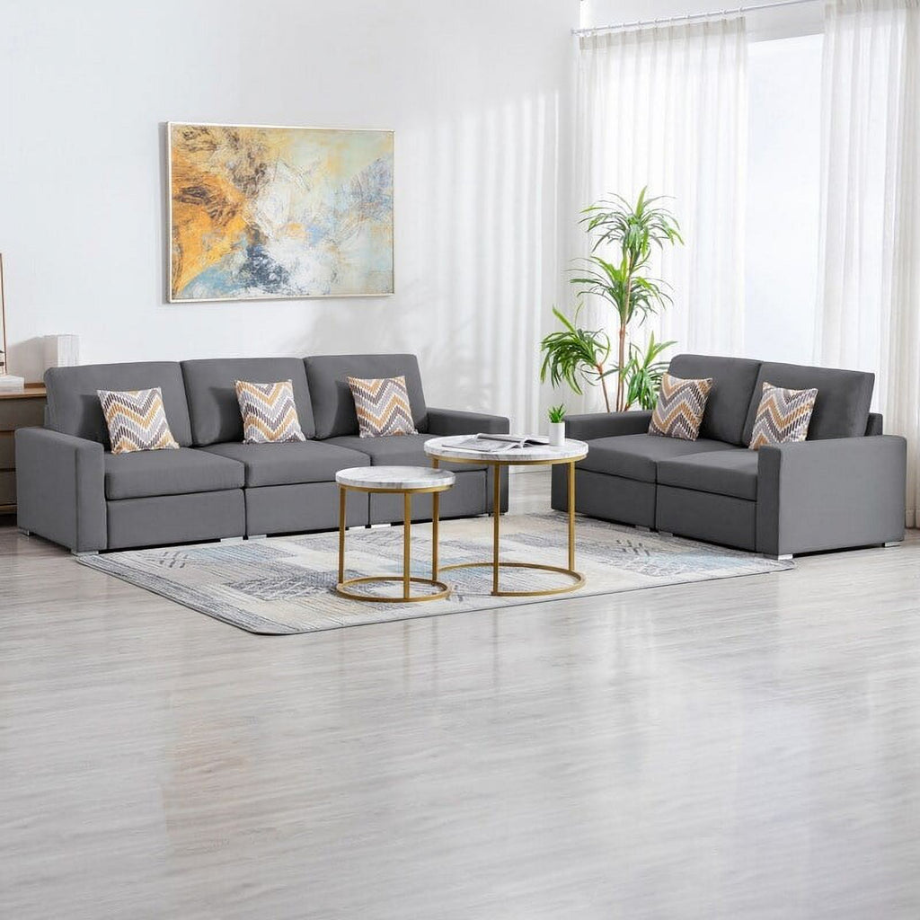 Grey Linen Fabric Sofa and Loveseat Set with Pillows L36593