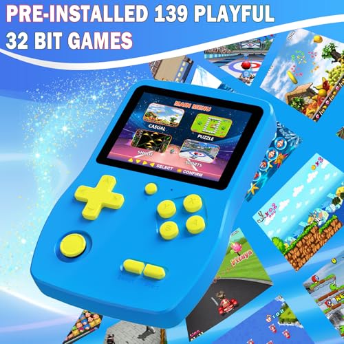 32 Bit Handheld Games with 139 Video Games 3.0 Inches IPS Screen Rechargeable Gaming Device (Blue) K162
