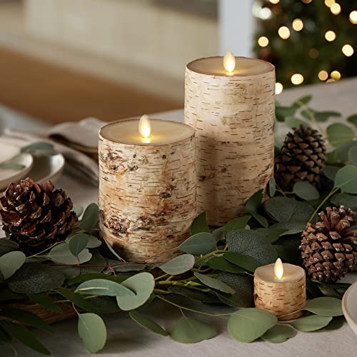Flameless Candle Pillar with Real Birch Bark Moving Flame LED Battery Operated Lights Unscented (3.5 x 4.5-inch) D549750