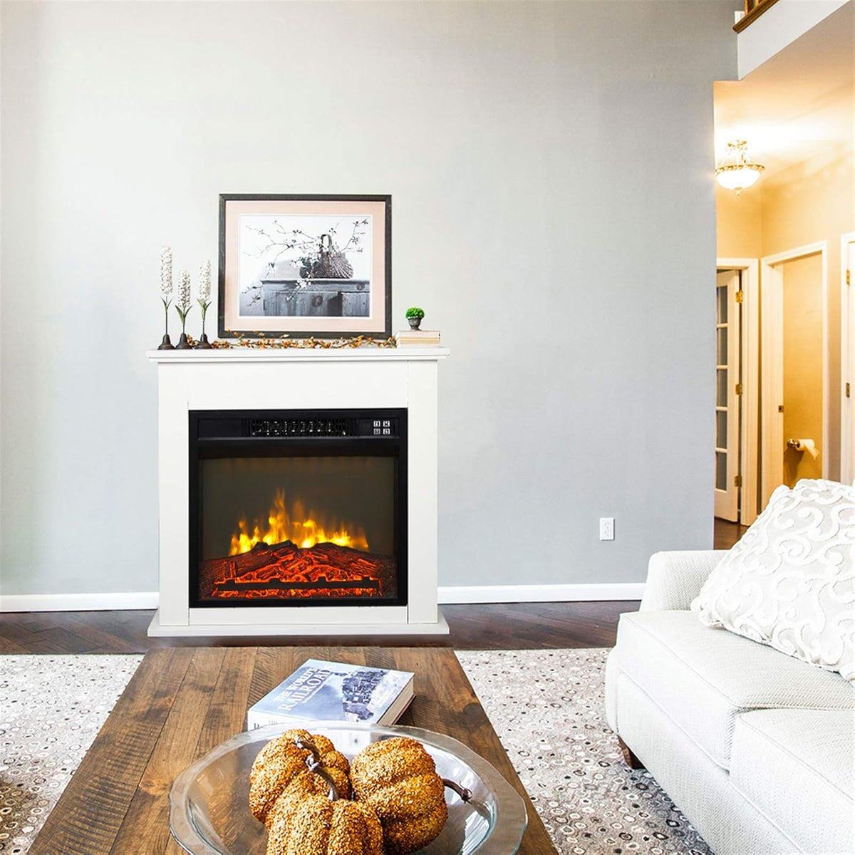 White Wood Fireplace Cabinet with Mantel Freestanding Fireplace Heater Q7444