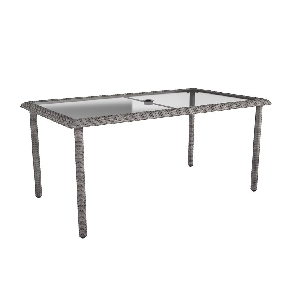 Black Wicker Dining Table with Glass Top and Umbrella Hole J354001