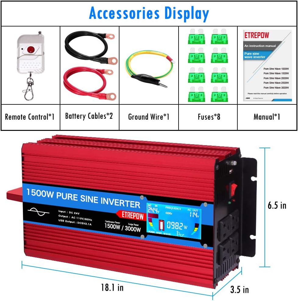 2000 Watt Pure Sine Wave Power Inverter 24V to 110V 120V with LCD Display, Wireless Remote Control, 4 AC Sockets, 2.1A USB Port, Dual Fans D4741