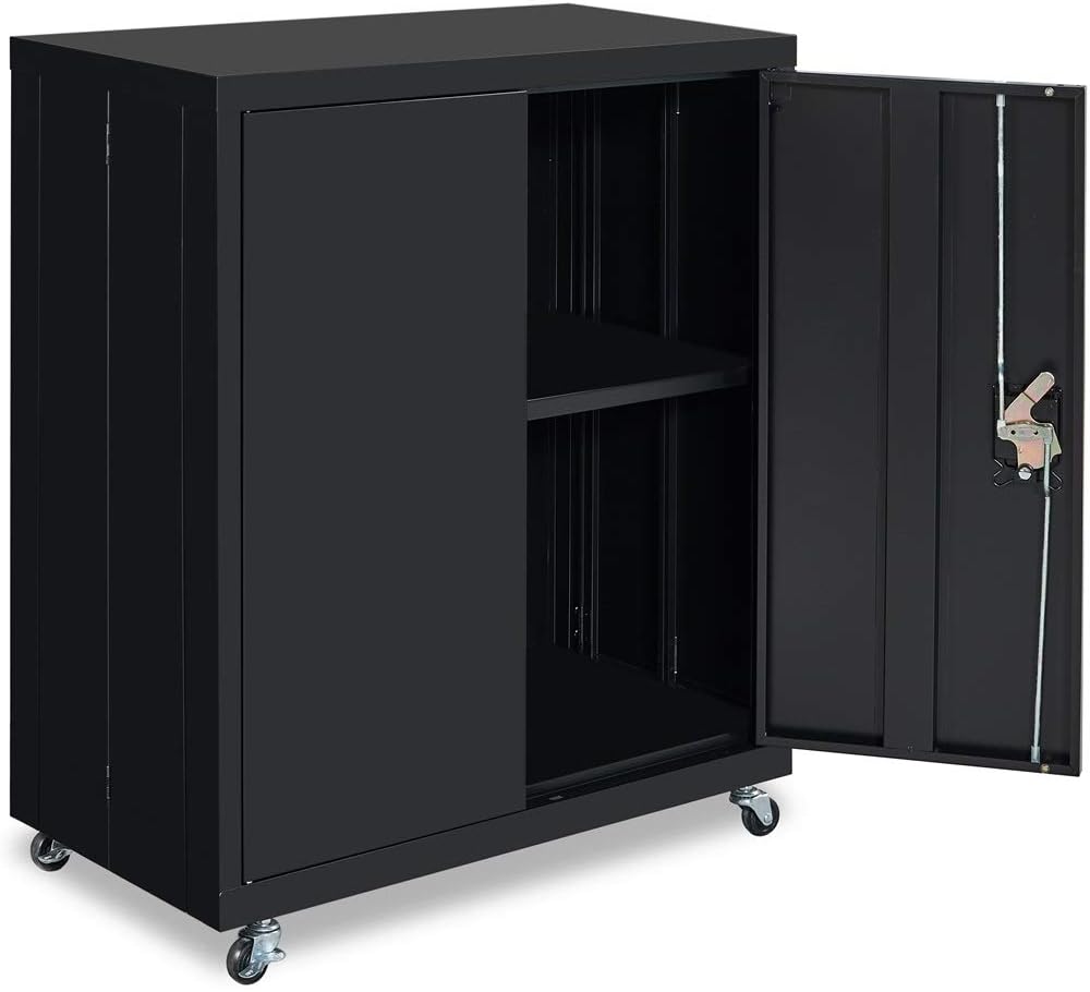 Metal Storage Cabinet with Lock and Wheels, Black K2776