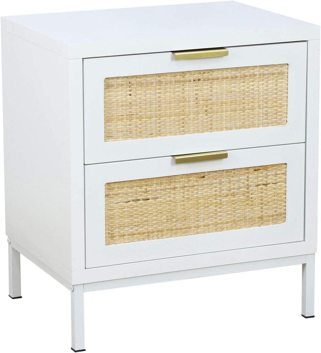 White Natural Rattan 2 Drawer Wood Nightstand R7997