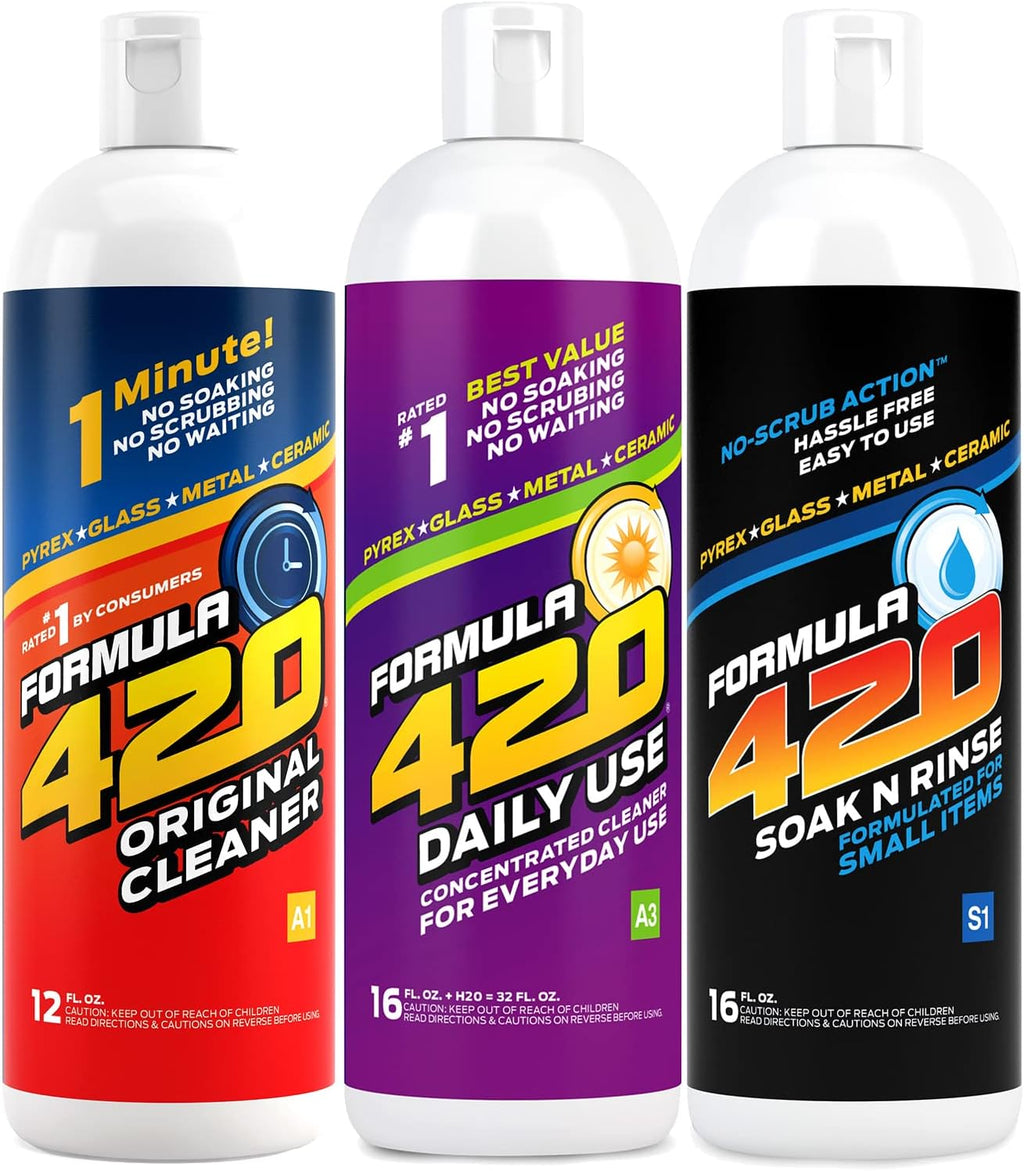 Formula 420 Bundle Pack : 1 Original Cleaner 12 oz, 1 Daily Use 16oz Concentrate makes 32oz & 1 Soak-N-Rinse 16 oz (3 bottles) Z125