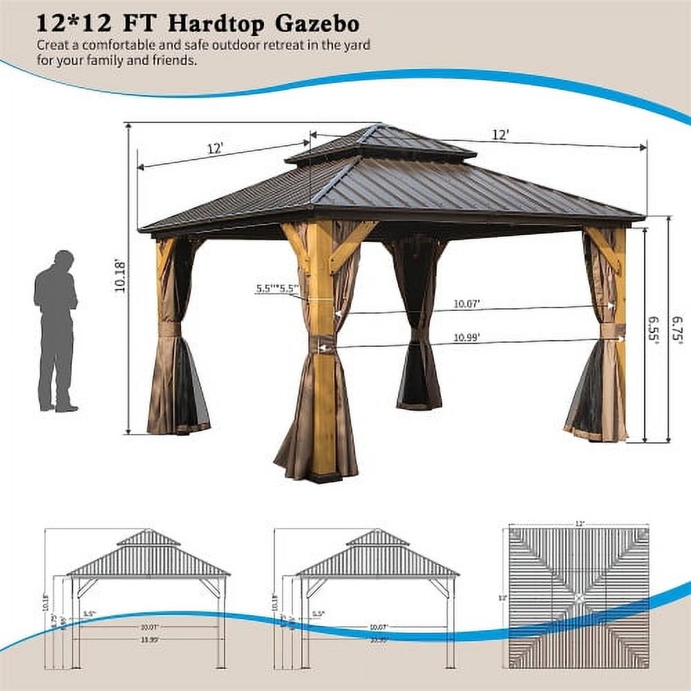 12'x12' Hardtop Gazebo with Galvanized Steel Double Roof and Curtains E3727