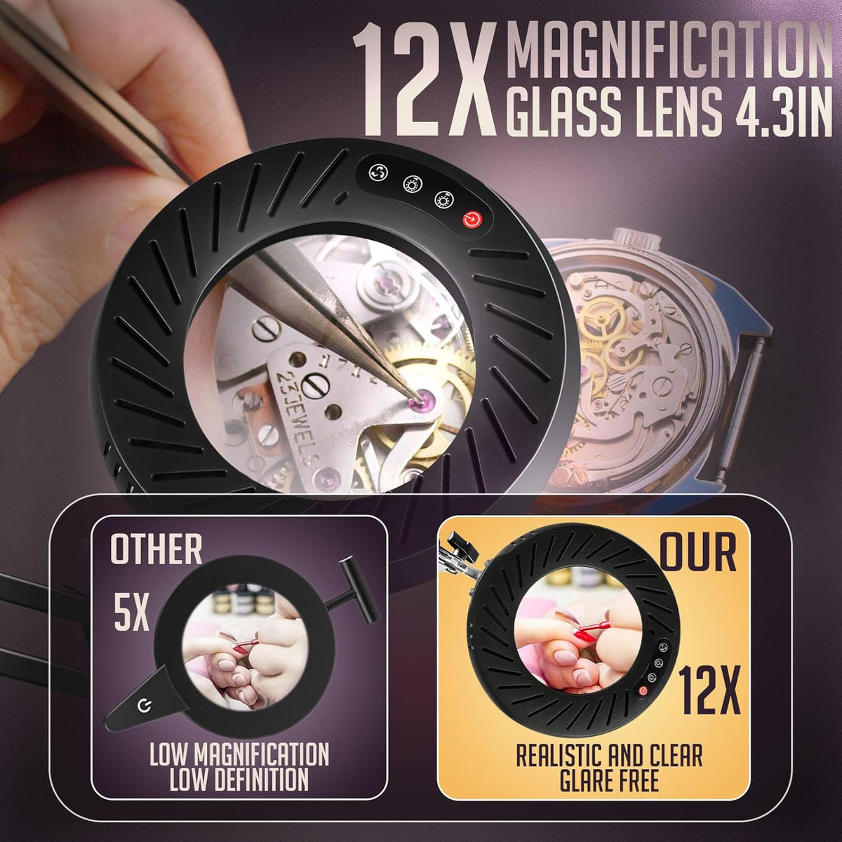 12X Magnifying Glass with Light and Stand, 5 Color Modes Stepless Dimmable LED Desk Lamp with Clamp, Hands Free Flexible Magnifier A999501