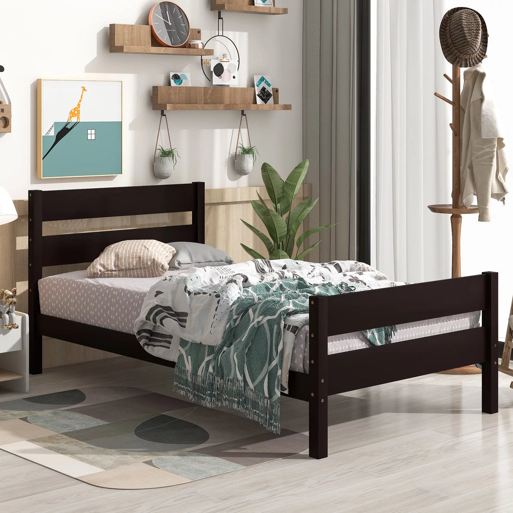 Twin Size Pine Wood Platform Bed Frame with Headboard and Footboard N697