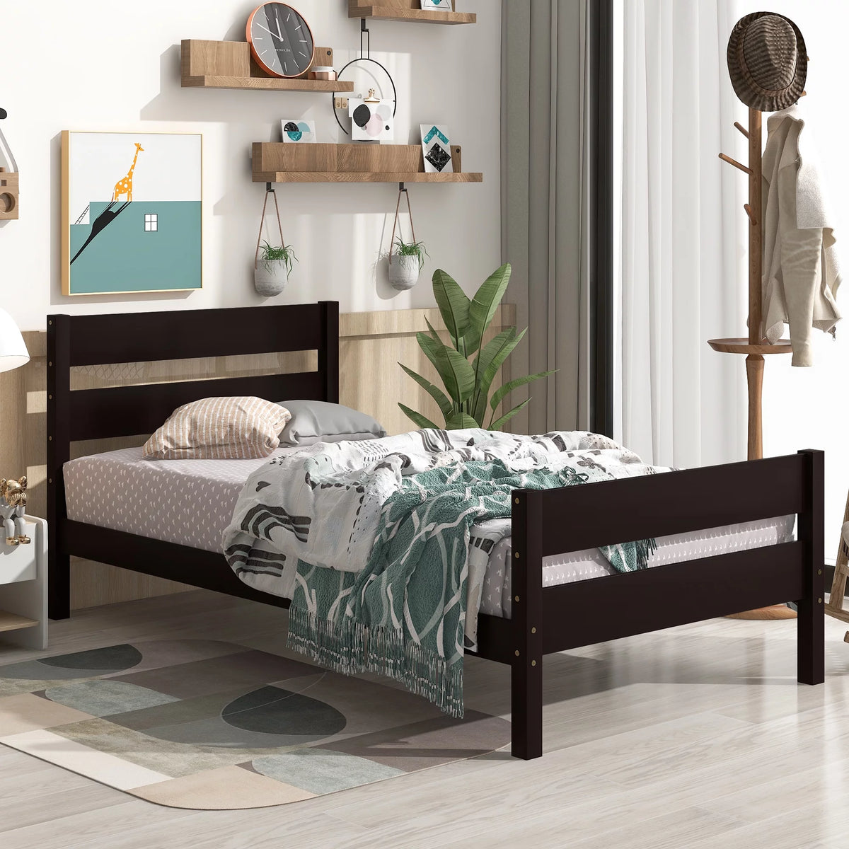 Twin Size Pine Wood Platform Bed Frame with Headboard and Footboard N697