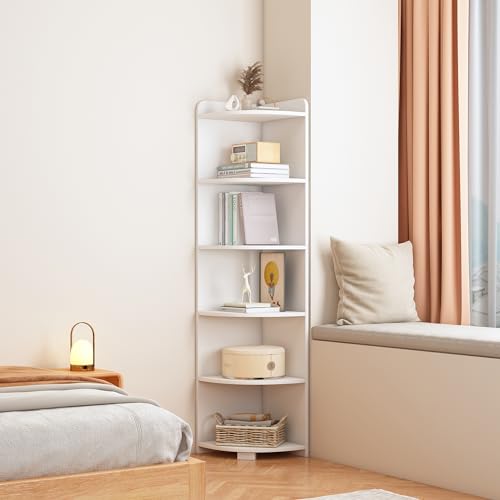 6-Tier Open Corner Shelf Tall Wooden Floor Standing Bookshelf Oak P941218