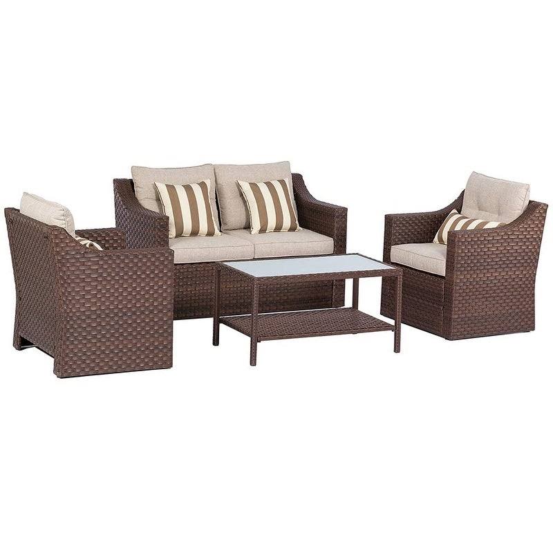 4-Piece All Weather Wicker Patio Furniture Set with Glass Coffee Table P12772