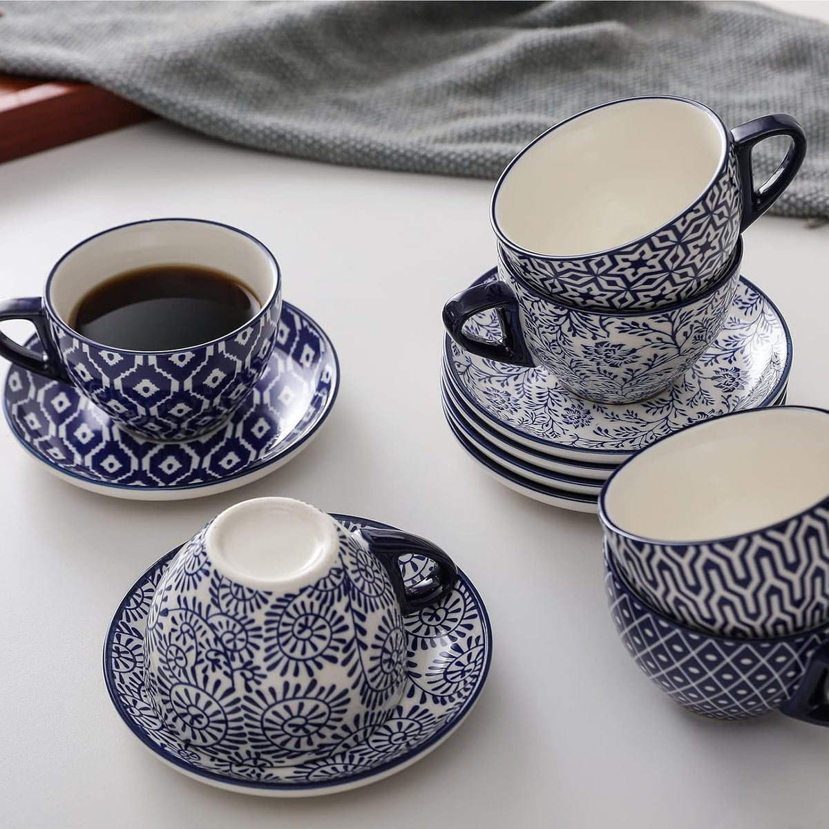 12 Piece Ceramic Dinnerware Set with 8 OZ Cappuccino Cup and Saucers, Vintage Blue H226530