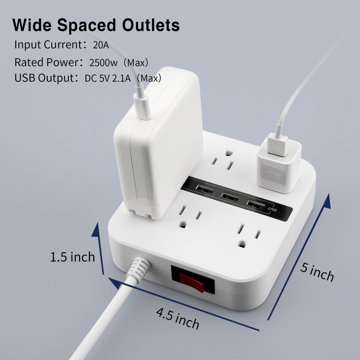 6 Outlets 4 USB Ports Surge Protector Power Strip with 6.6ft White Flat Extension Cord R5008