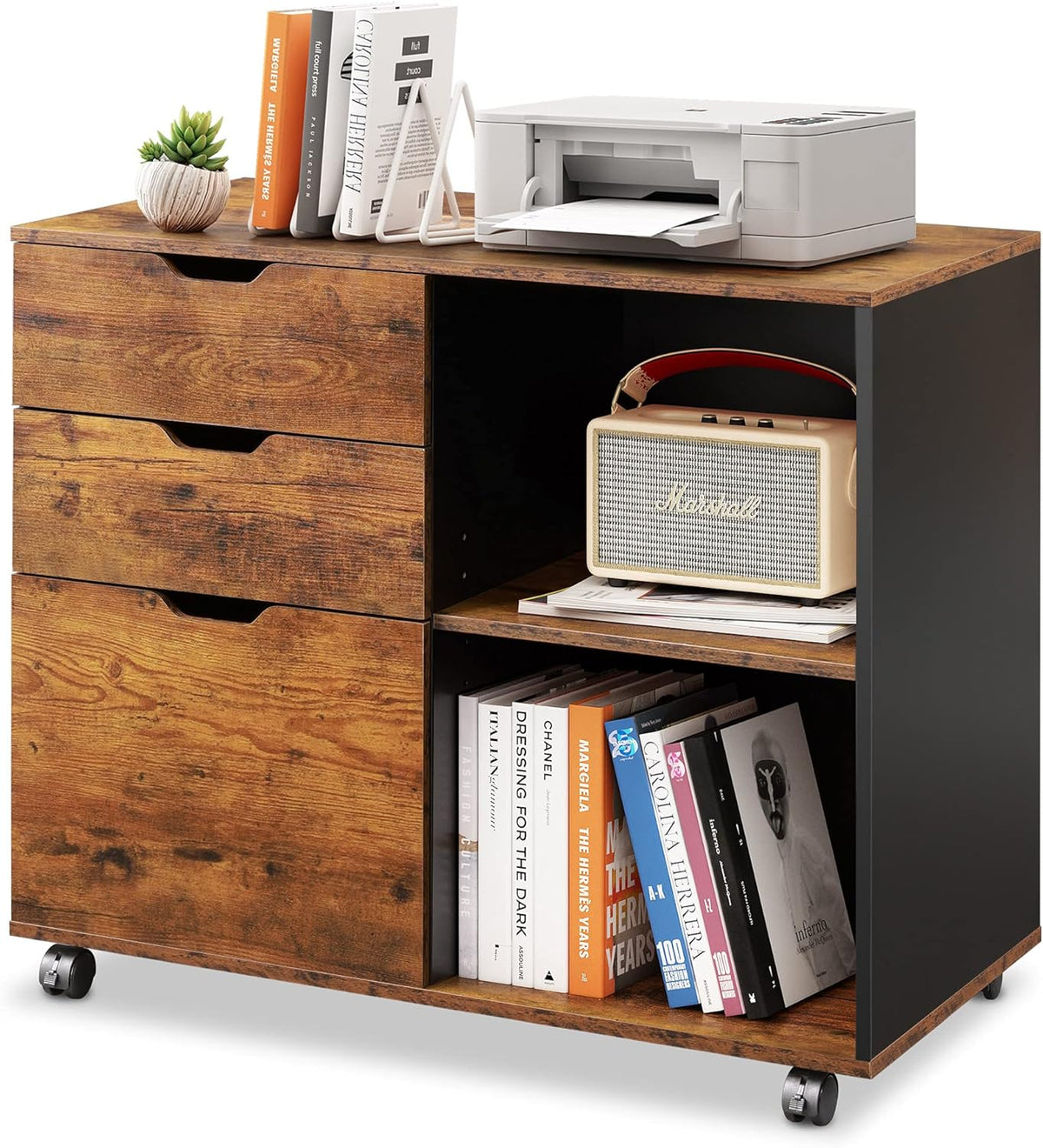 White 3-Drawer Mobile Wood File Cabinet with Open Storage Shelves D503
