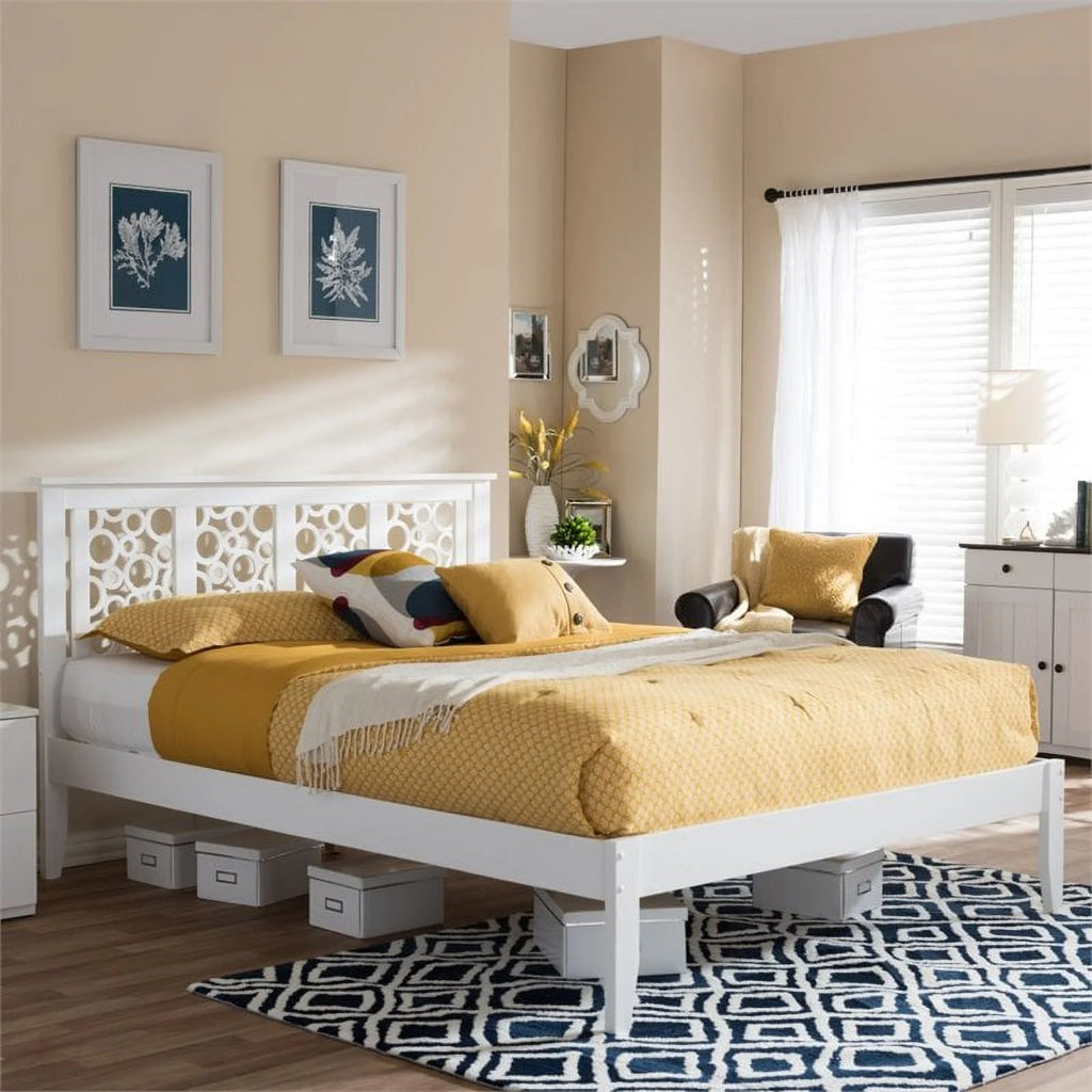 White Queen Size Rubberwood Platform Bed Y29502