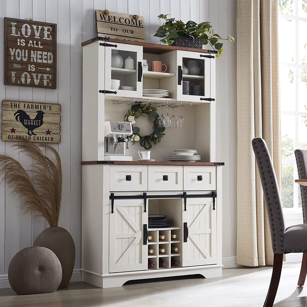 Antique White Wood Bar Cabinet with Sliding Barn Door and Hutch T1147