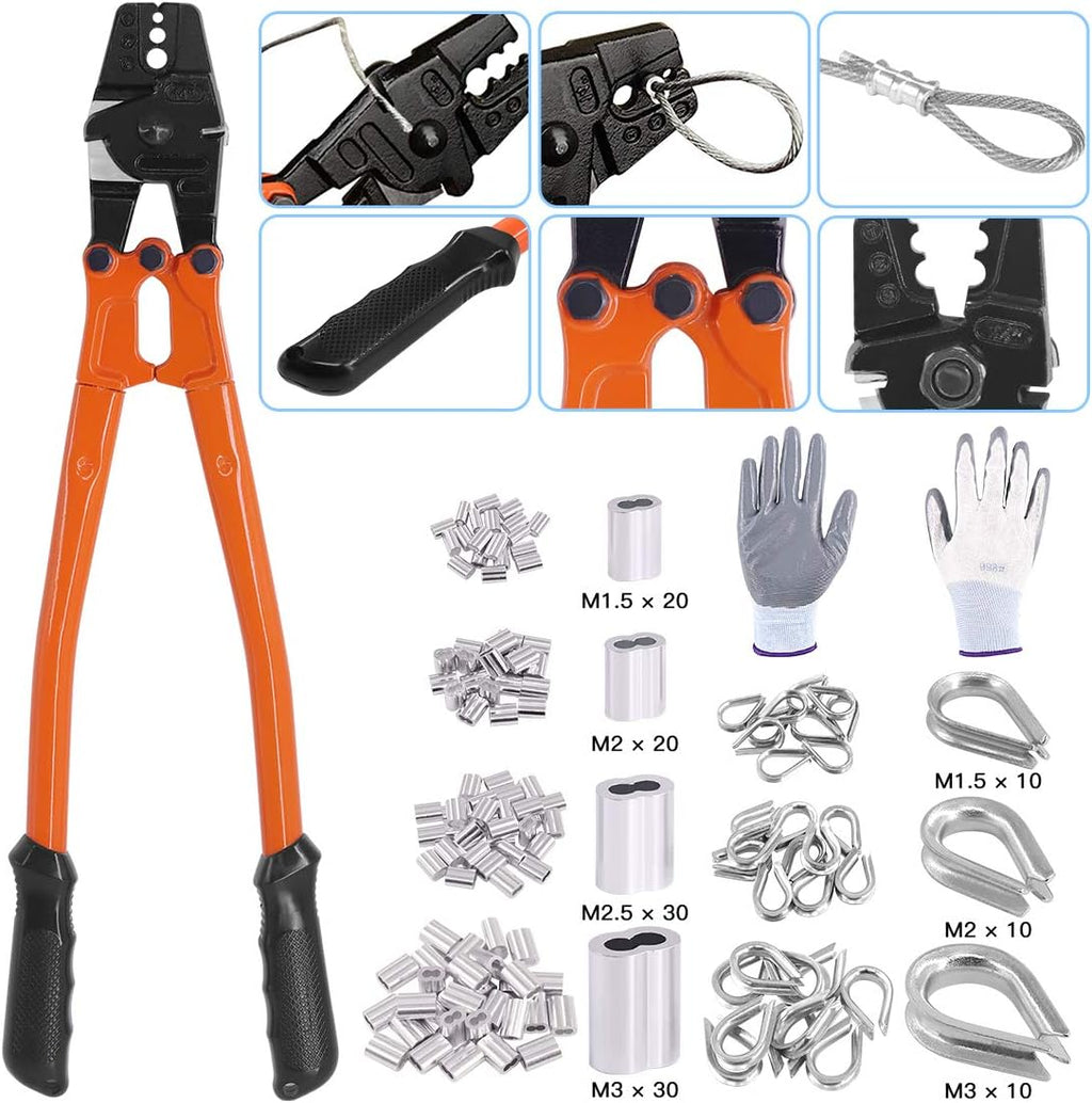 14'' Wire Rope Crimping Tool with Crimp Ferrules and Cable Thimbles W176239