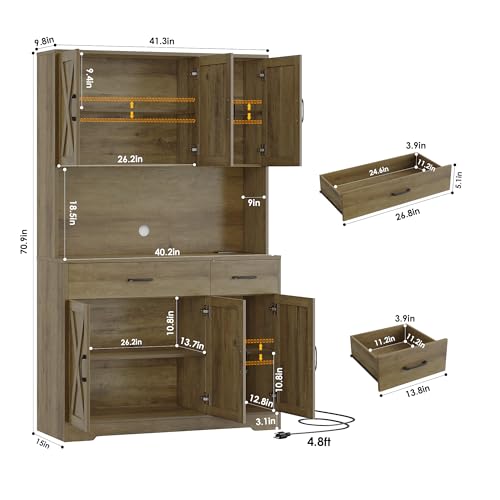 Black Tall Pantry Cabinet with Charging Station and Microwave Stand M6366