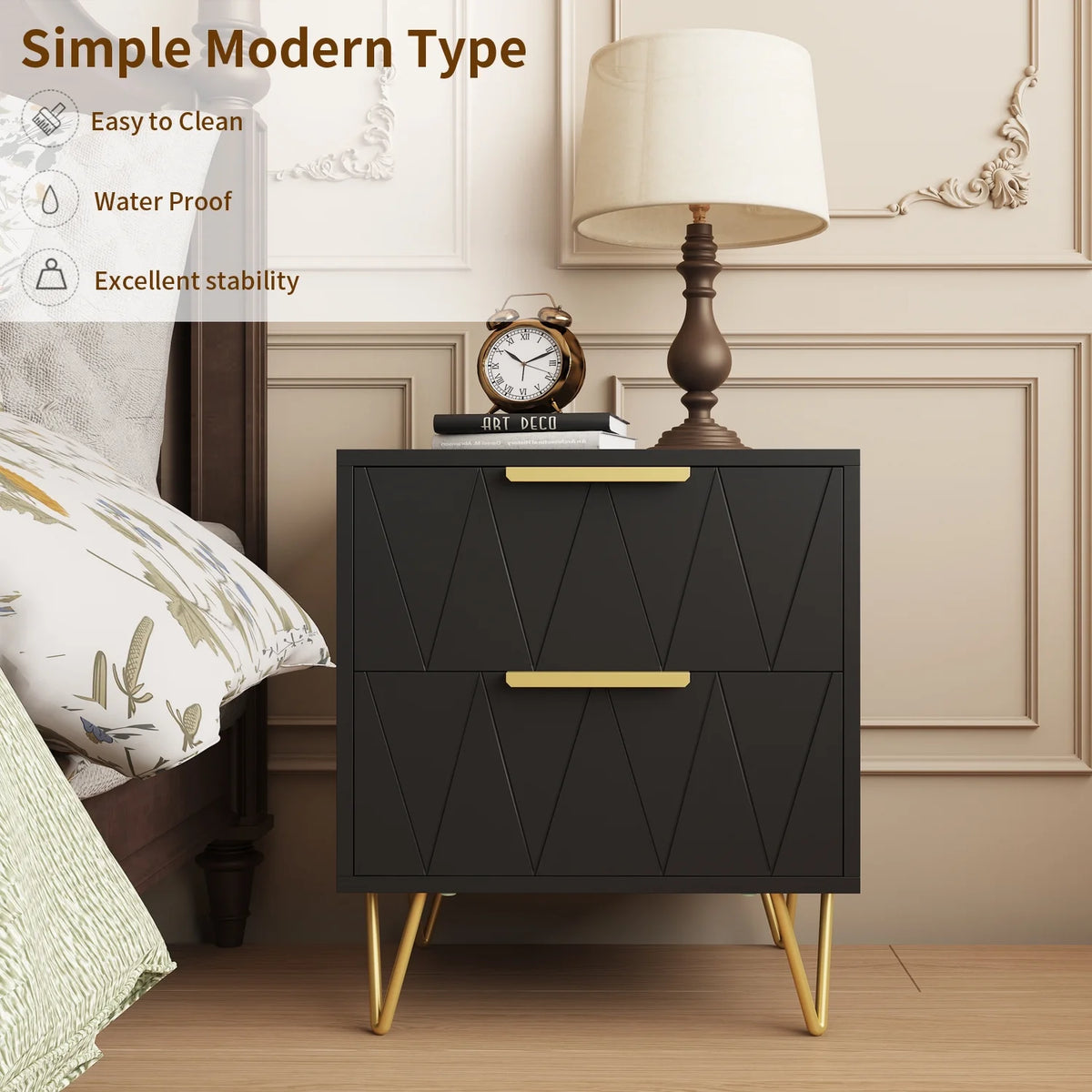 Black 2 Drawer Nightstand Bedside Table with Storage G519