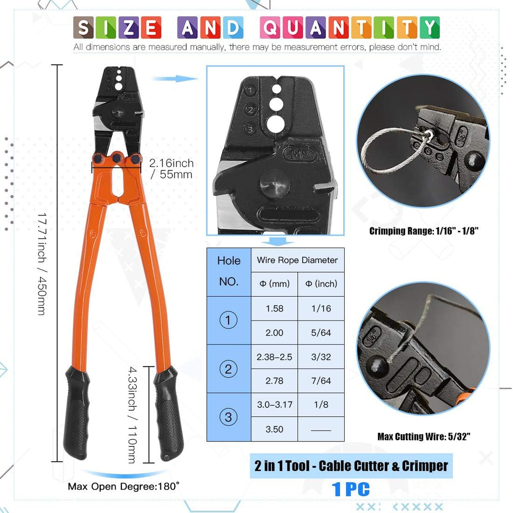 14'' Wire Rope Crimping Tool with Crimp Ferrules and Cable Thimbles W176239