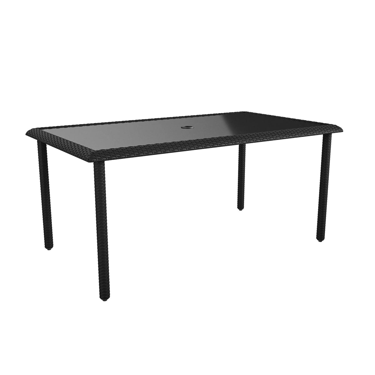 Black Wicker Dining Table with Glass Top and Umbrella Hole J354001