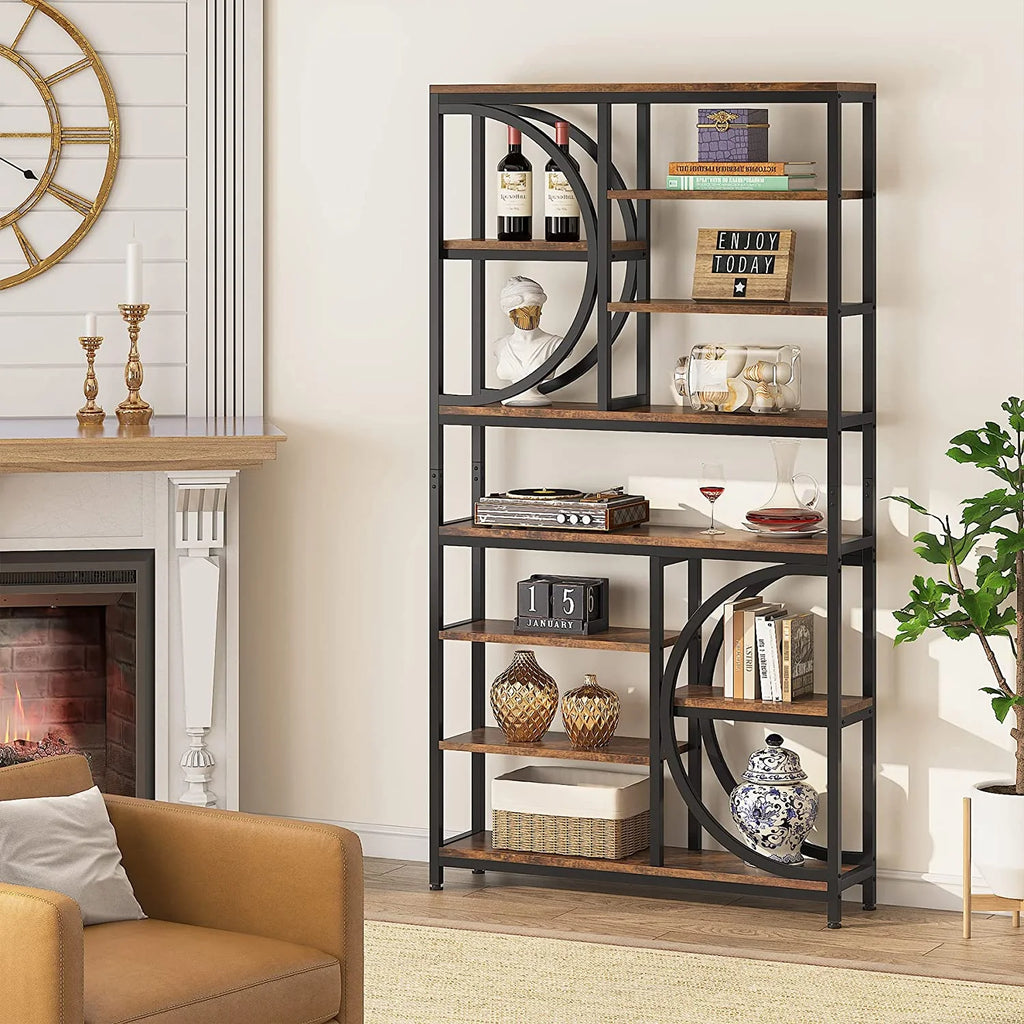 Industrial 8-Tier Wood Look Bookshelf with Metal Frame O80801