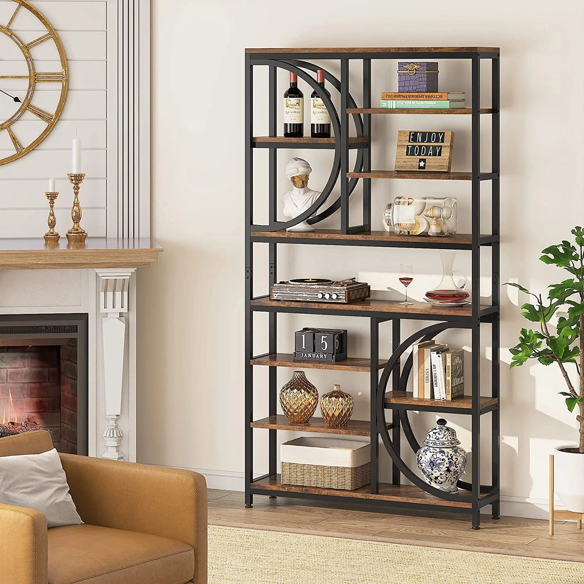 Industrial 8-Tier Wood Look Bookshelf with Metal Frame O80801