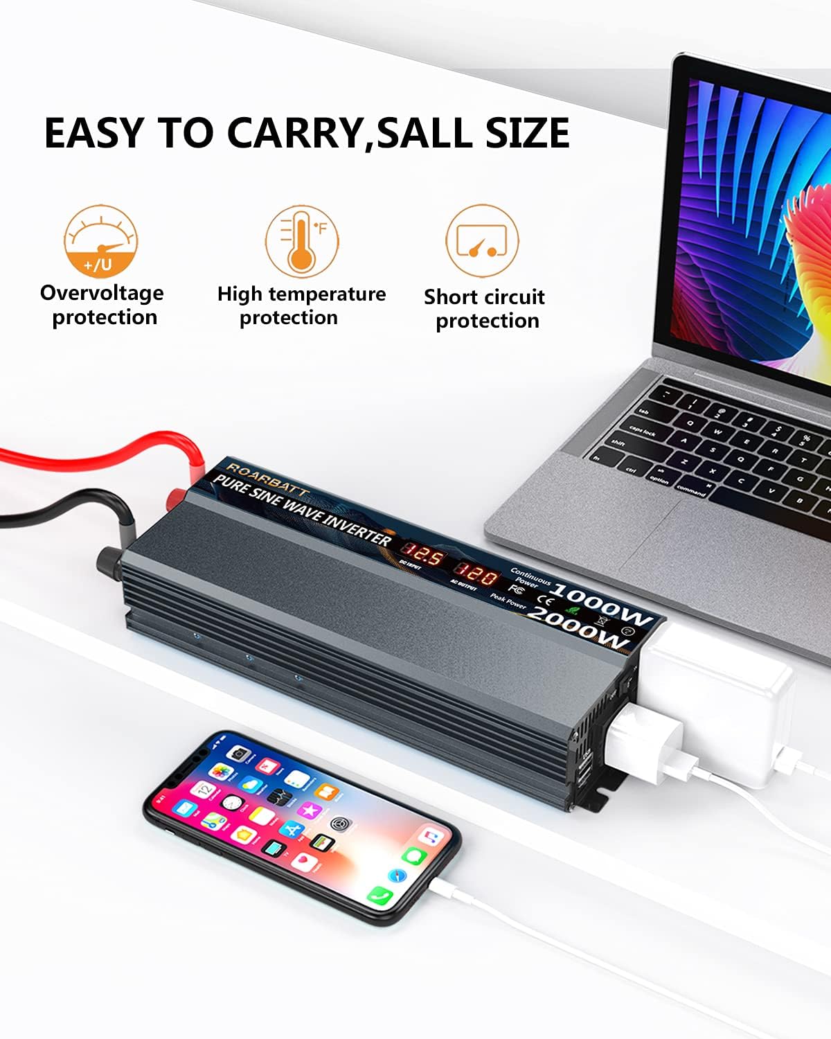 1000 Watt 12V DC to 110V AC Power Inverter with 2 AC Outlets and USB Port R593